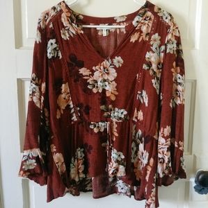 Maurices Red Floral Bell Sleeve Blouse